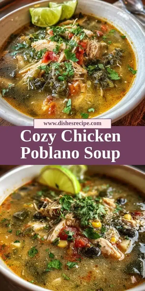 Bowl of cozy chicken poblano soup with peppers and herbs