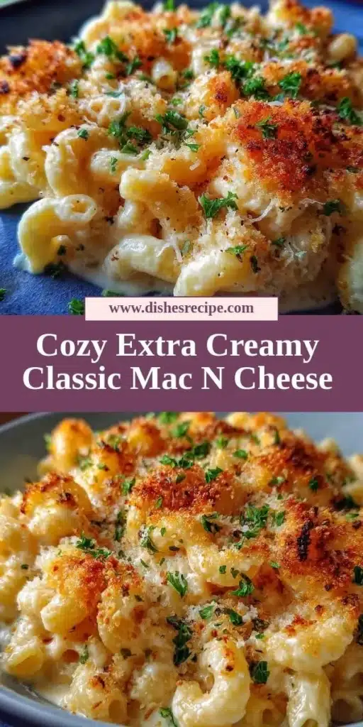 Bowl of extra creamy classic mac and cheese topped with cheese and breadcrumbs