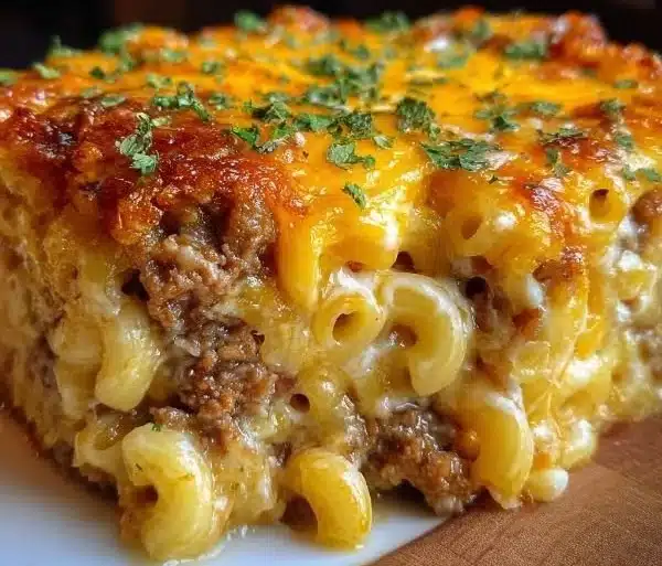 Cozy Mac and Cheese Meatloaf Casserole served in a baking dish