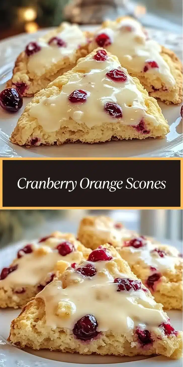 Cranberry Orange Scones 6 Freshly baked cranberry orange scones on a wooden table.