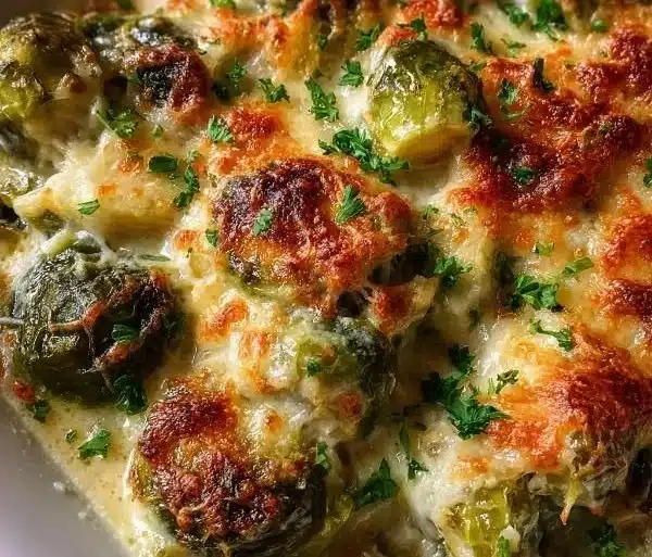 Creamy Brussels Sprouts Au Gratin 6 Delicious creamy Brussels sprouts au gratin served in a baking dish
