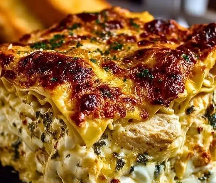 Creamy chicken lasagna with layers of chicken, cheese, and pasta in a baking dish