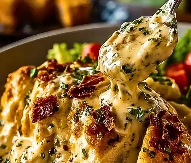 Creamy crock pot ranch chicken dish served with herbs and sides