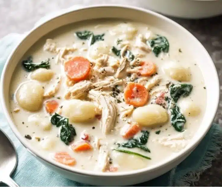 A bowl of creamy crockpot chicken gnocchi soup topped with herbs.