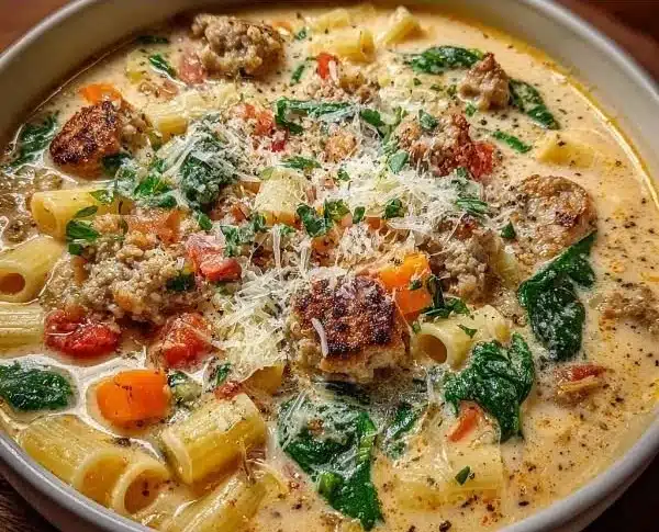 Creamy Parmesan Italian Sausage Ditalini Soup 9 Creamy Parmesan Italian sausage soup with ditalini pasta in a bowl