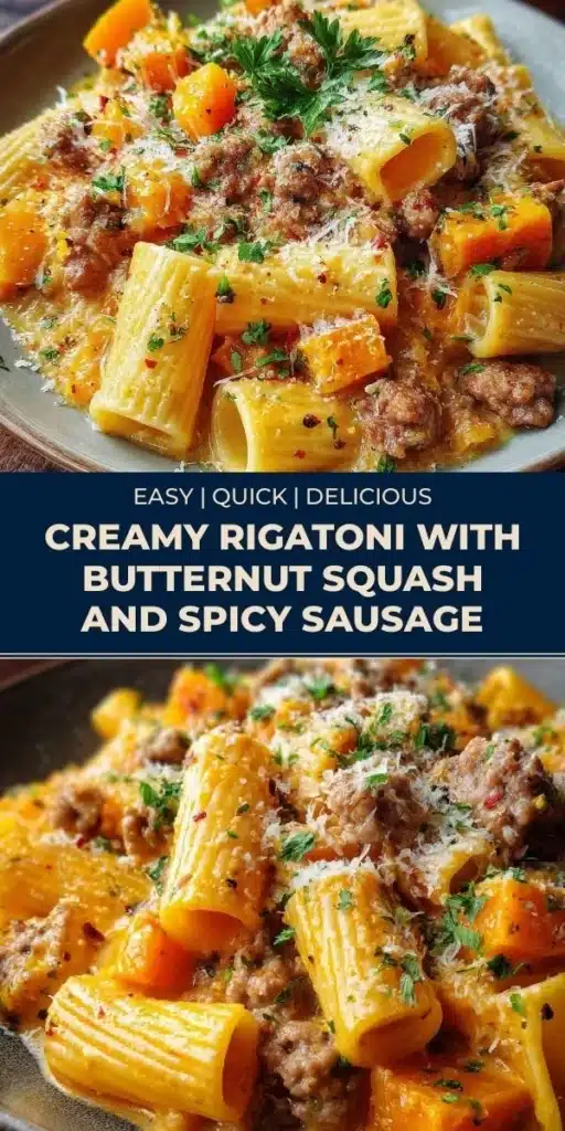 Creamy rigatoni dish with butternut squash and spicy sausage presentation