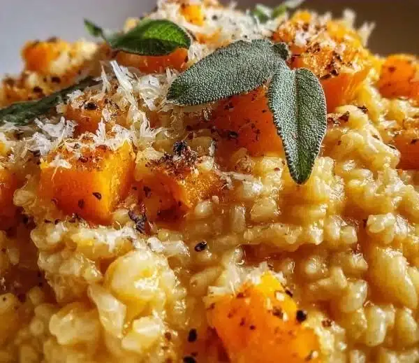 Creamy roasted butternut squash risotto served in a bowl with herbs