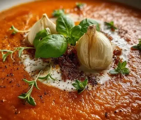 Bowl of creamy roasted garlic tomato soup garnished with fresh herbs