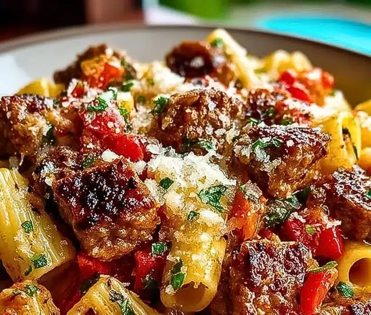 Creamy Sausage and Peppers Pasta 4 Creamy sausage and peppers pasta served in a bowl with fresh herbs.