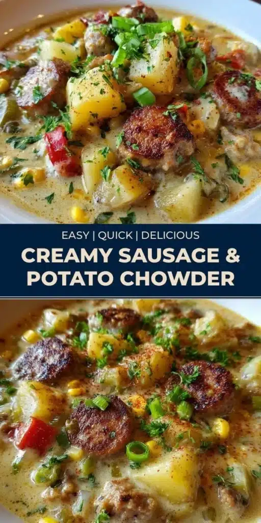 Bowl of creamy sausage chowder with potatoes garnished with herbs