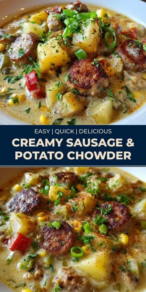 Bowl of creamy sausage chowder with potatoes garnished with herbs