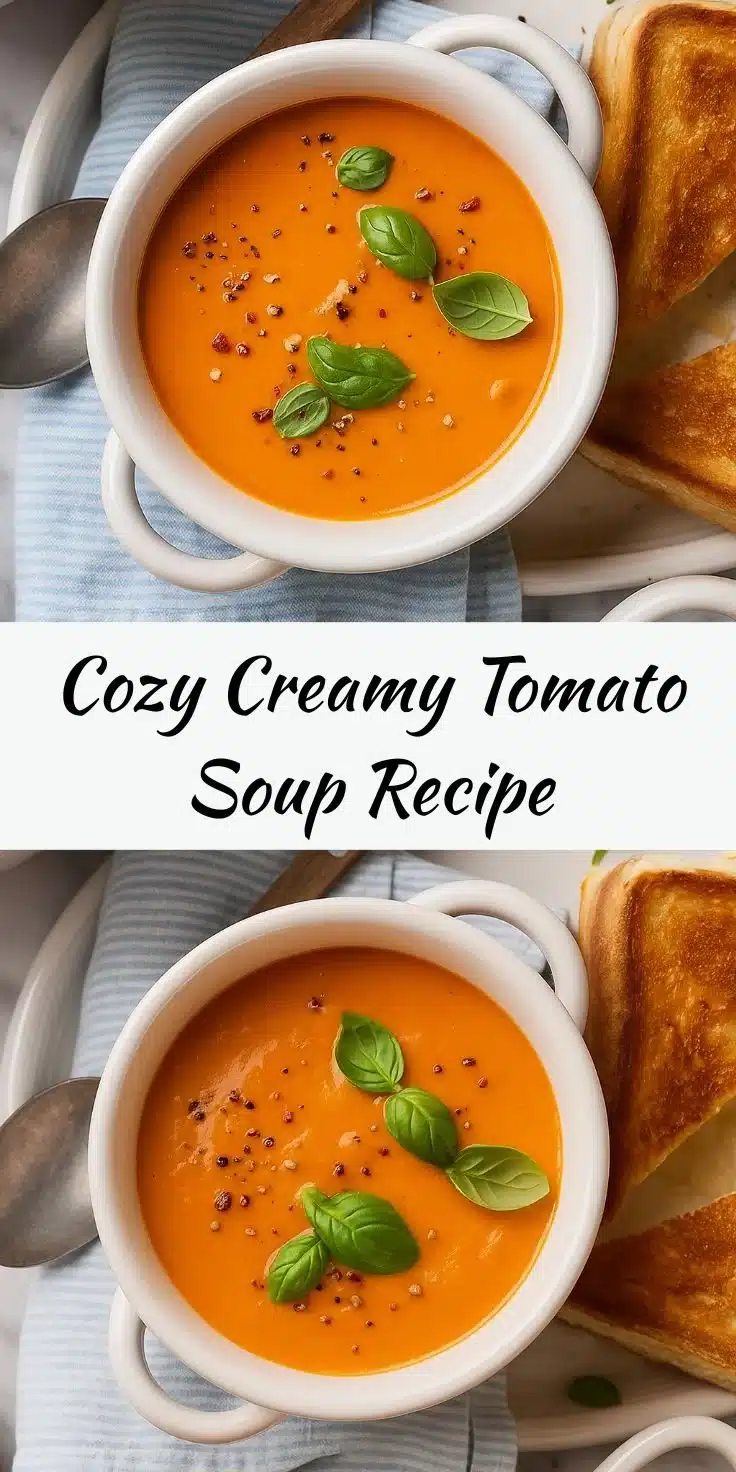 Bowl of creamy tomato soup garnished with fresh basil and croutons
