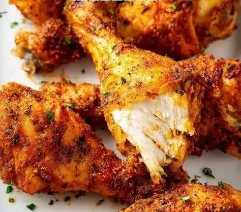 Crispy Baked Chicken Drumsticks 7 Crispy baked chicken drumsticks on a plate with herbs and spices