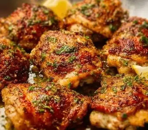 Crispy baked chicken thighs served with herbs and spices