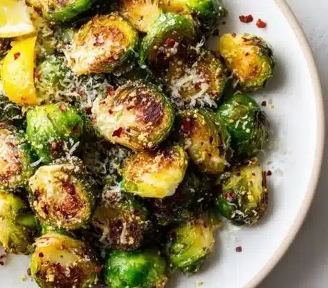 Bowl of crispy roasted Brussels sprouts garnished with herbs