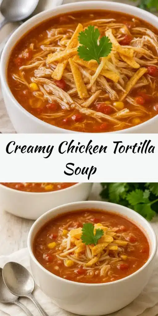 Crock Pot Chicken Tortilla Soup in a bowl garnished with tortilla strips and cilantro