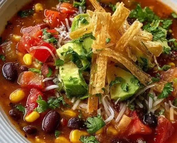 Bowl of Crockpot Vegetarian Tortilla Soup garnished with tortilla strips and cilantro