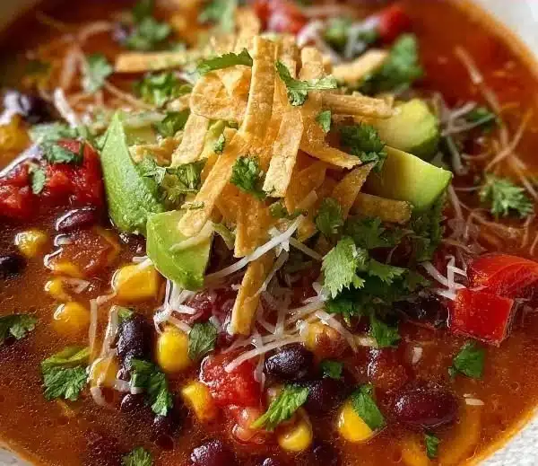 Bowl of Crockpot Vegetarian Tortilla Soup garnished with tortilla strips and avocado.