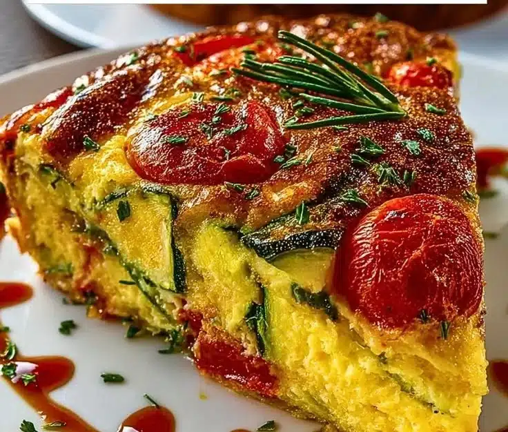 Crustless Zucchini Tomato Quiche 28 Crustless zucchini tomato quiche served in a dish with fresh herbs