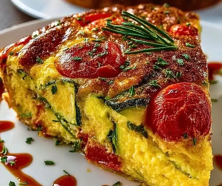 Crustless Zucchini Tomato Quiche 12 Slice of crustless zucchini tomato quiche on a plate with fresh herbs