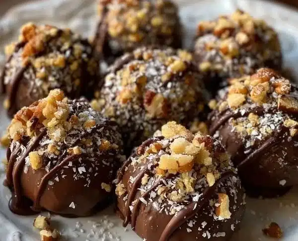 Decadent chocolate-dipped bourbon balls with a crunchy nutty coating