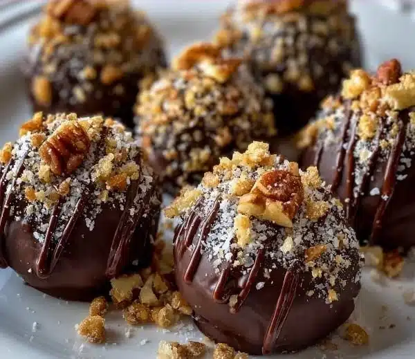 Delicious chocolate-dipped bourbon balls with a crunchy nut topping