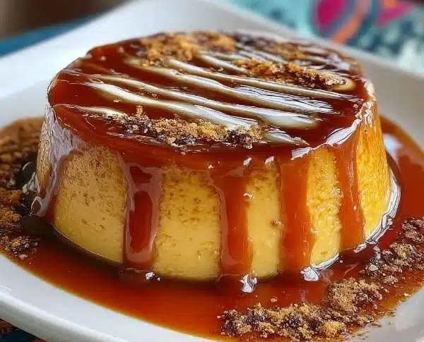 Decadent Creamy Pumpkin Flan with Spiced Caramel Drizzle 7 Decadent creamy pumpkin flan with spiced caramel drizzle on a plate.