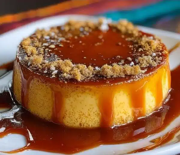 Decadent pumpkin flan with spiced caramel drizzle on a fancy plate