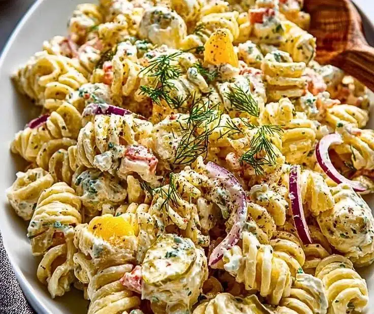 Dill Pickle Pasta Salad 8 Delicious Dill Pickle Pasta Salad in a bowl garnished with fresh herbs
