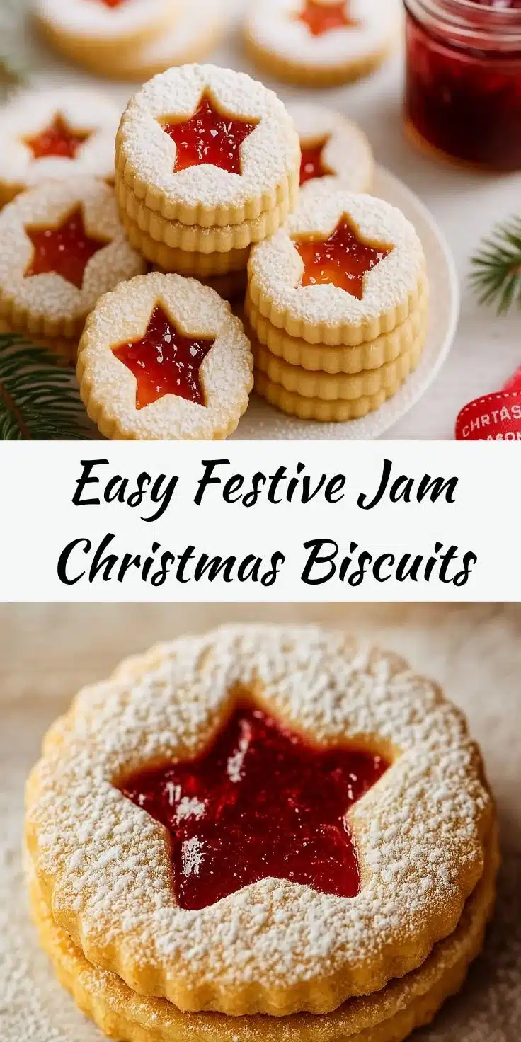 Festive Jam Christmas Biscuits | Sweet Holiday Treats 5 Festive Jam Christmas Biscuits arranged on a holiday-themed plate