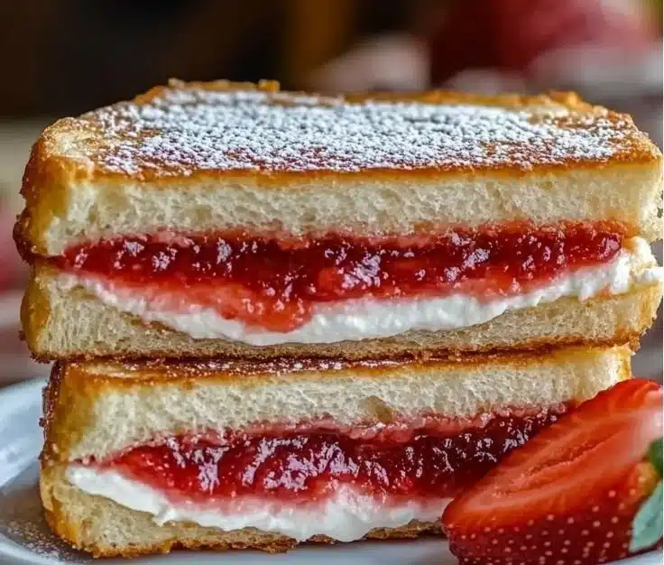 Fried strawberry cheesecake sandwiches drizzled with chocolate sauce