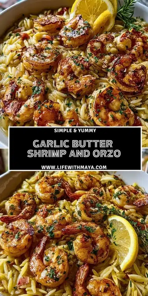 Plate of Garlic Butter Shrimp served on orzo with herbs.