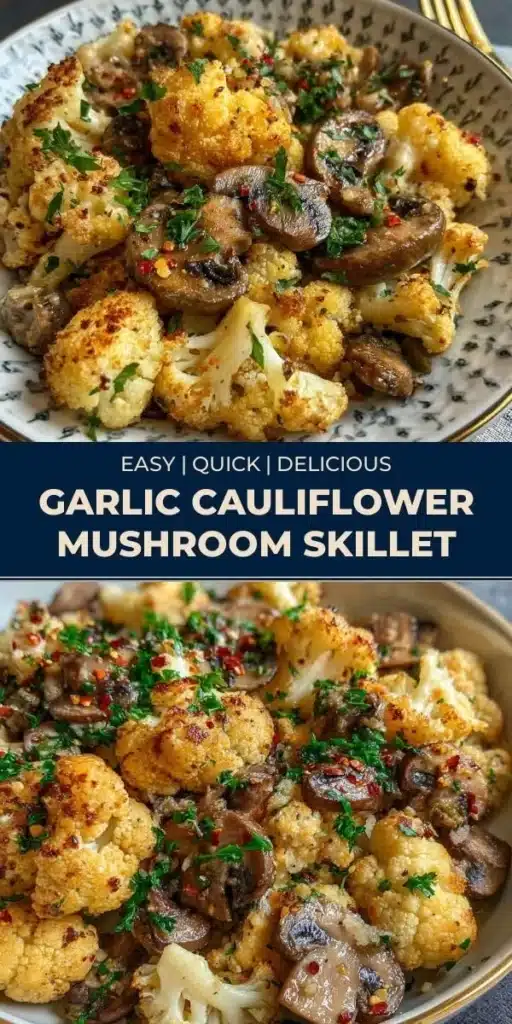 Garlic Cauliflower Mushroom Skillet dish served in a skillet