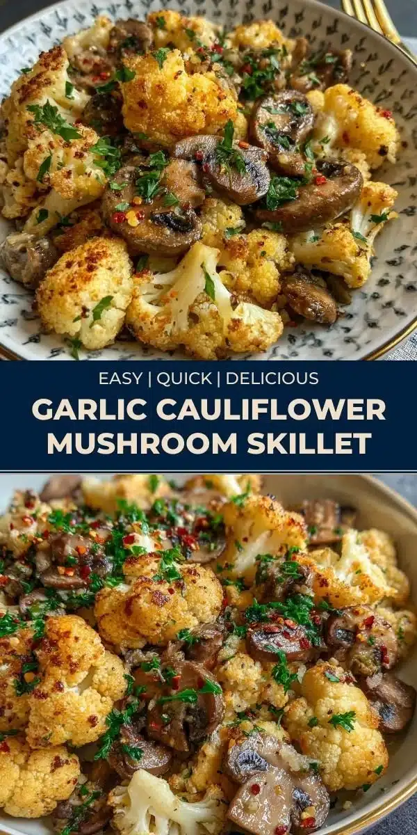 Garlic Cauliflower Mushroom Skillet 7 Garlic Cauliflower Mushroom Skillet dish served in a skillet