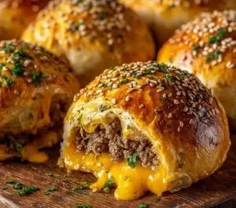 Garlic Parmesan Cheeseburger Bombs 4 Garlic Parmesan Cheeseburger Bombs served on a wooden platter with herbs