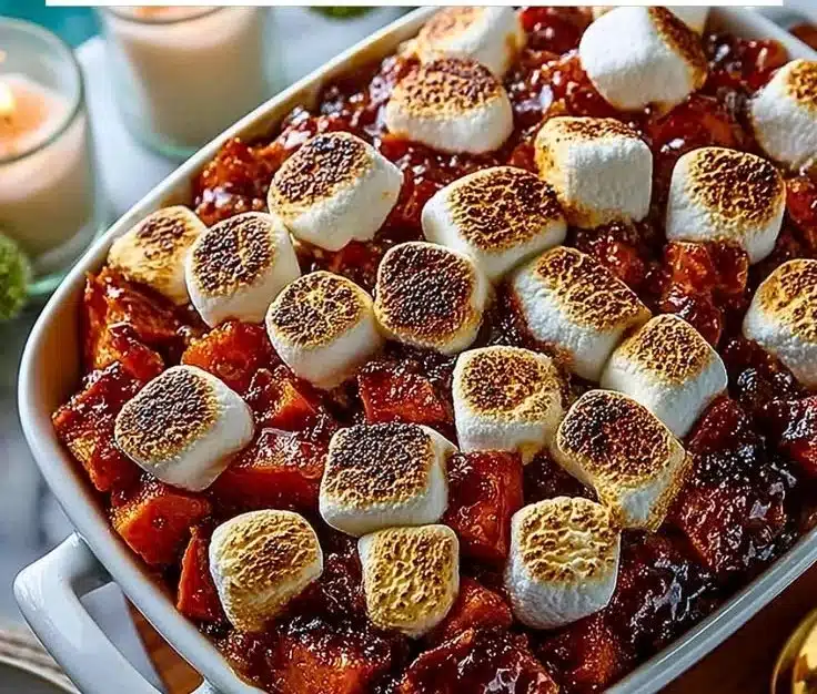Delicious glazed candied sweet potatoes topped with fluffy marshmallows