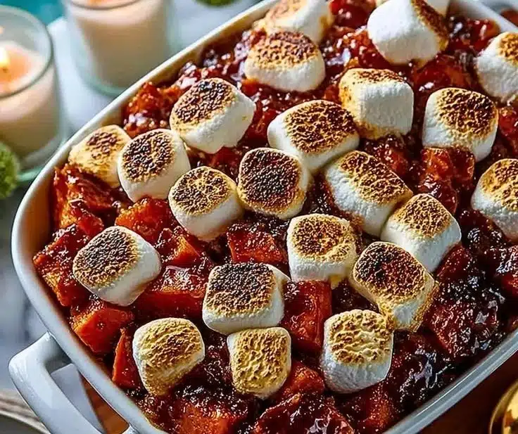 Glazed Candied Sweet Potatoes With Marshmallows 13 Glazed candied sweet potatoes topped with marshmallows in a serving bowl