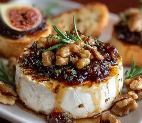 Goat cheese fig jam appetizer served on a rustic platter with crackers.