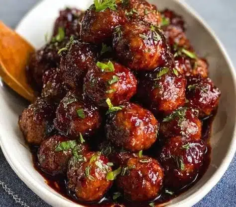 Plate of grape jelly meatballs served as a savory appetizer