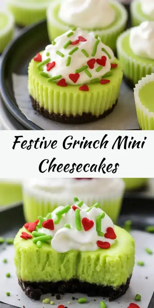 Festive Grinch Mini Cheesecakes topped with green icing and red decorations
