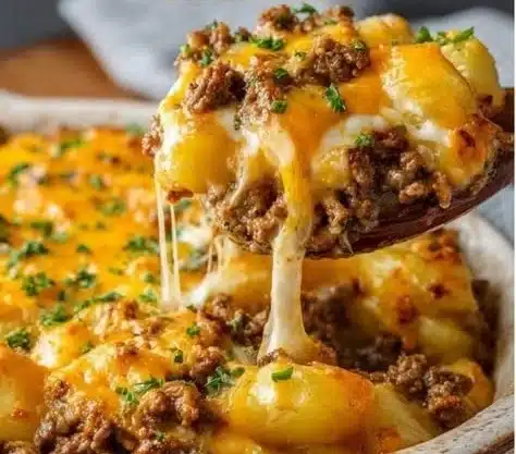 Ground beef and potatoes casserole served in a baking dish with herbs.