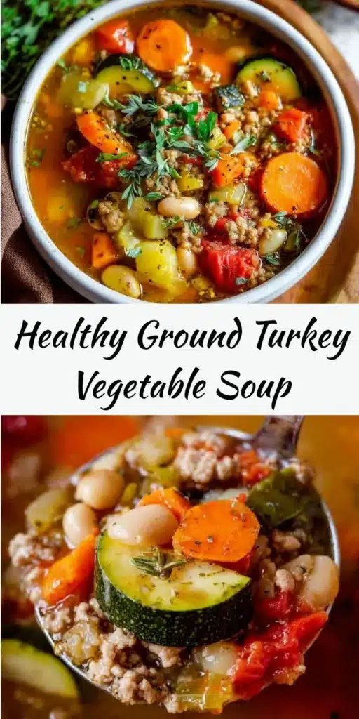 Bowl of ground turkey vegetable soup packed with fresh vegetables and flavor