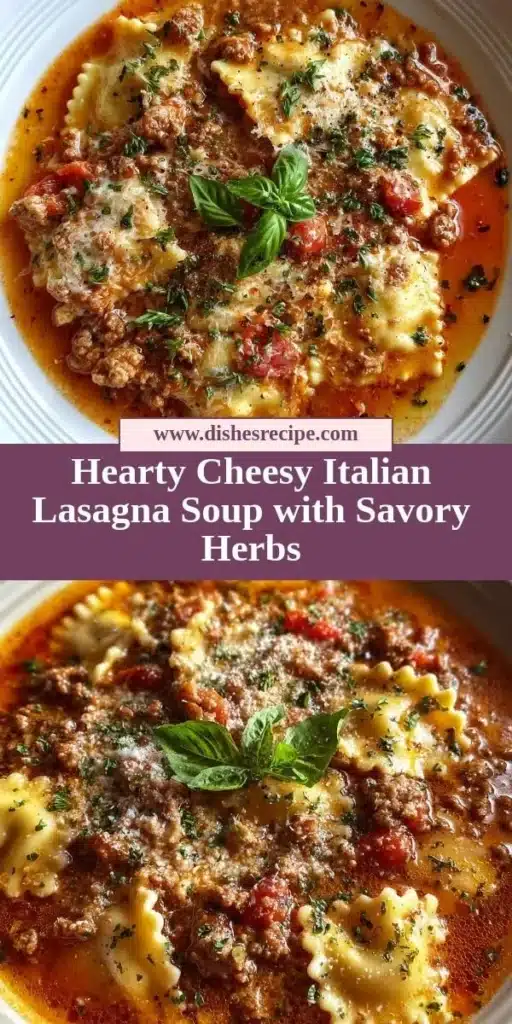 Bowl of hearty cheesy Italian lasagna soup topped with fresh herbs