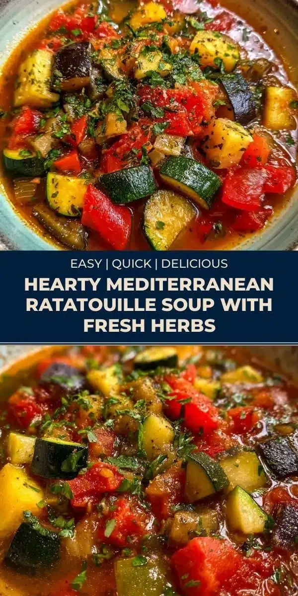 Bowl of Hearty Mediterranean Ratatouille Soup garnished with fresh herbs