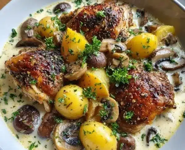 Herb Roasted Chicken in creamy white sauce with mushrooms and potatoes