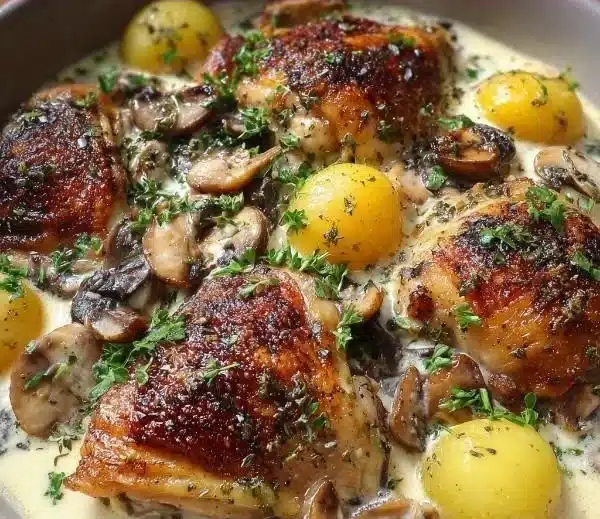 Herb Roasted Chicken in Creamy White Sauce with Mushroom and Potatoes 5 Herb roasted chicken in creamy white sauce with mushrooms and potatoes