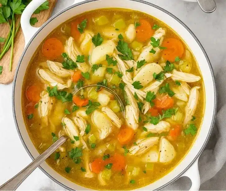Bowl of homemade chicken soup with vegetables and herbs, comfort food