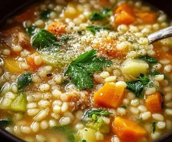 A bowl of steaming Italian Pastina Soup with herbs and vegetables.