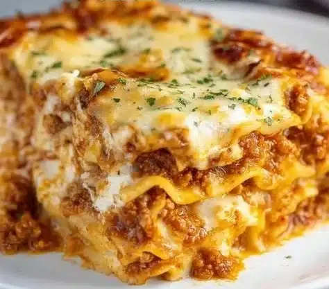 Delicious homemade lasagna layered with cheese, meat, and rich tomato sauce.