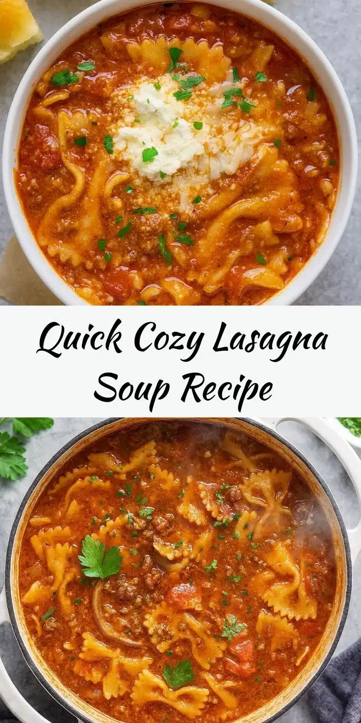A bowl of cozy lasagna soup topped with cheese and herbs.